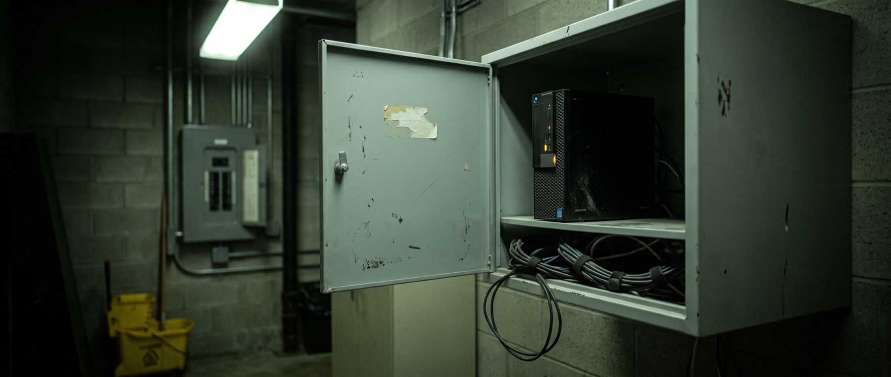 A small tower server on a shelf inside an open wall cabinet in a plant room, cables bundled below it, breaker panel on the block wall behind.