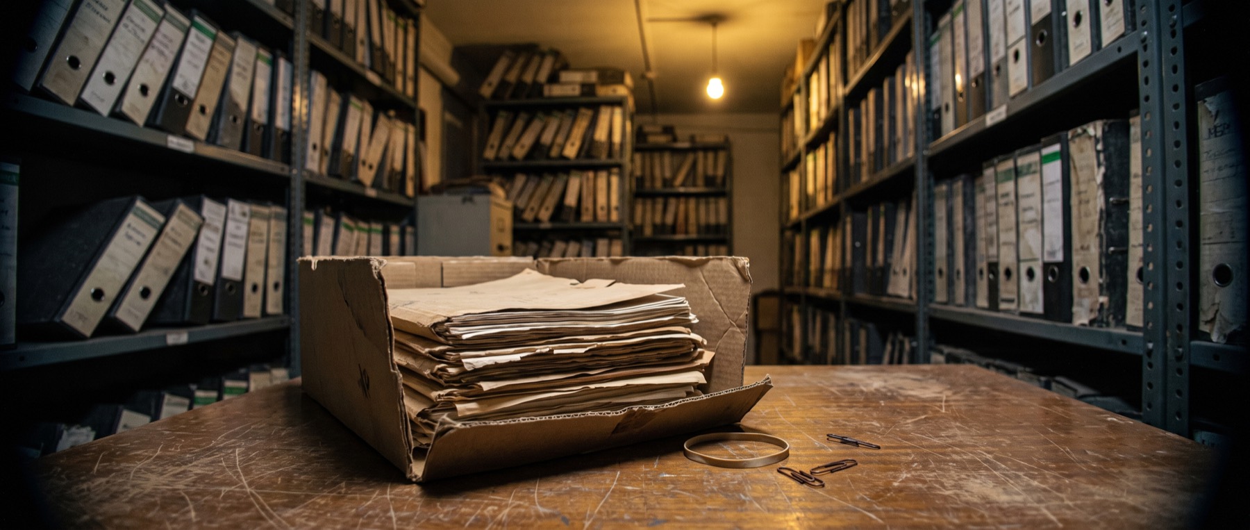 A records room at night, shelves of archive boxes and binders receding into darkness, one open box of neatly squared papers under a single light.